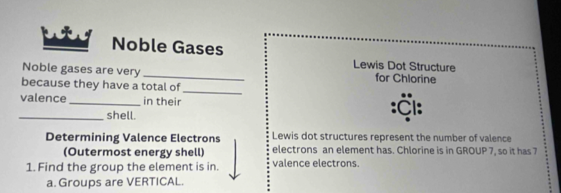 Noble Gases 
Lewis Dot Structure 
Noble gases are very_ for Chlorine 
because they have a total of_ 
valence_ in their :Cl: 
_shell. 
Determining Valence Electrons Lewis dot structures represent the number of valence 
(Outermost energy shell) electrons an element has. Chlorine is in GROUP 7, so it has 7
1. Find the group the element is in. valence electrons. 
a. Groups are VERTICAL.