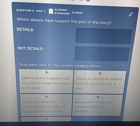 ALIGNED 
QUESTION 9 DOK 2 STANDARD 5 points 
Which details best support the plot of the story? 
DETAILS: 
NOT DETAILS: 
Drag each item to the correct category above.