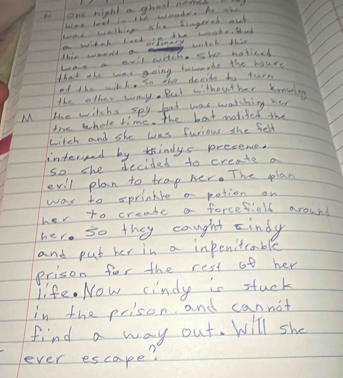 one night a ghast notes 2 
was loal in the wende. Ae ak 
wae wolking she singereh oul 
This wourld a 8
Las a evil witch. she noliced 
that the was going fowwards the houre 
of the with, so tho decide to turn 
the other way. But withouther krowing 
M the witchs spy bat was watching her 
the whole time. the bat notited the 
Litch and she was furious she felt 
interined by thindys presence. 
So she decided to create a 
evil plan to trap her. The plan 
was to sprinkle a potion on 
her to create a forceviels around 
her. so they caught sindy 
and pub her in a inpenitable 
prison for the rest of her 
life. Now cindy is stuck 
in the prison, and cannot 
find a way out. Will she 
ever escape?