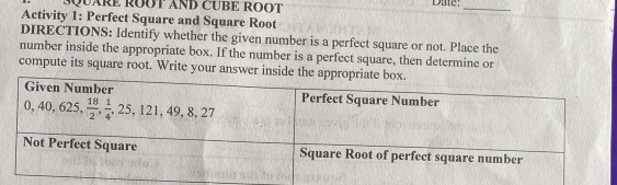 SQUARE ROOT AND CUBE ROOT Date:_
Activity 1: Perfect Square and Square Root
DIRECTIONS: Identify whether the given number is a perfect square or not. Place the
number inside the appropriate box. If the number is a perfect square, then determine or
compute its square root. Write your answer inside