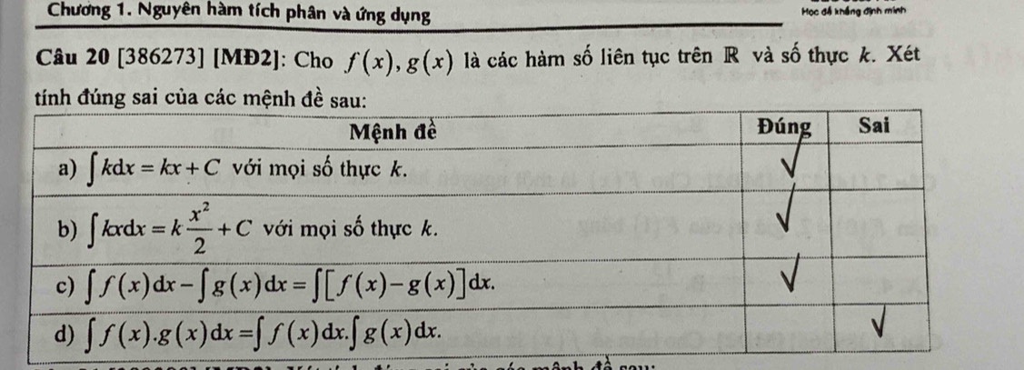 Chương 1. Nguyên hàm tích phân và ứng dụng  Học đá khẳng định minh
Câu 20 [386273] [MĐ2]: Cho f(x),g(x) là các hàm số liên tục trên R và số thực k. Xét