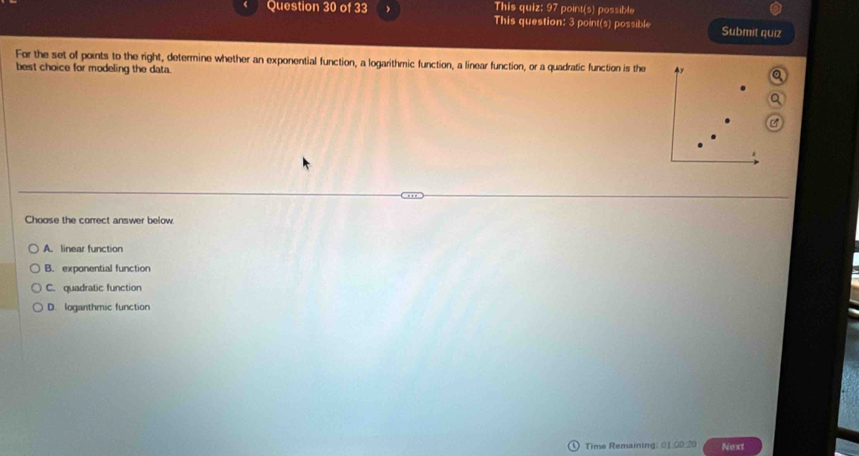 This quiz: 97 point(s) possible
Question 30 of 33 This question: 3 point(s) possible Submit quiz
For the set of points to the right, determine whether an exponential function, a logarithmic function, a linear function, or a quadratic function is the 4y
best choice for modeling the data.
a
Choose the correct answer below
A. linear function
B. exponential function
C. quadratic function
D. loganthmic function
Time Remaining: 01 00_20 Next