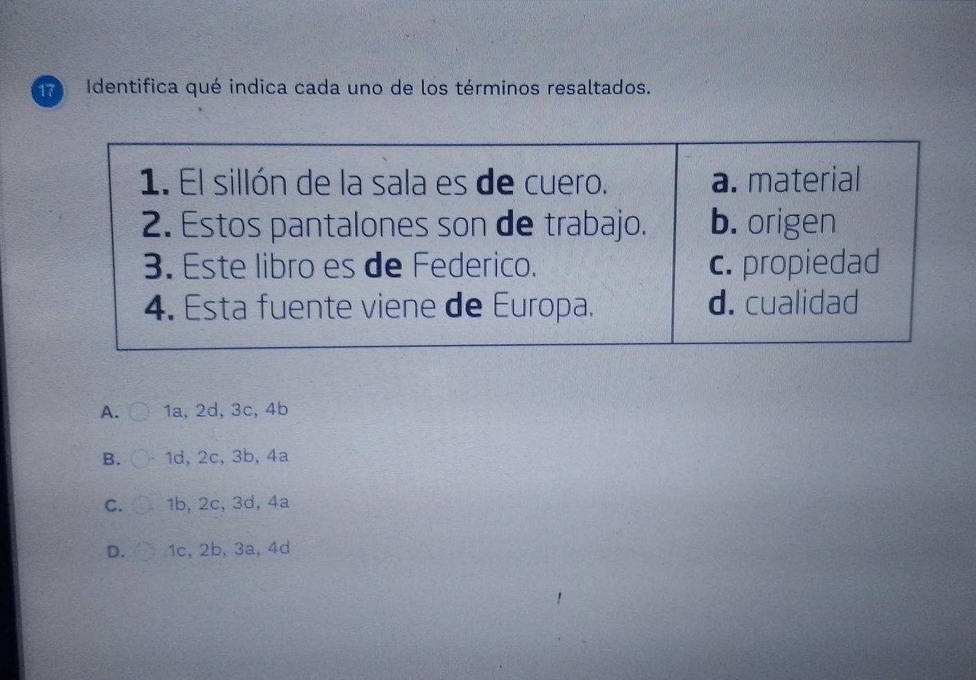 Identifica qué indica cada uno de los términos resaltados.
A. 1a, 2d, 3c, 4b
B. 1d, 2c, 3b, 4a
C. 1b, 2c, 3d, 4a
D. 1c, 2b, 3a, 4d