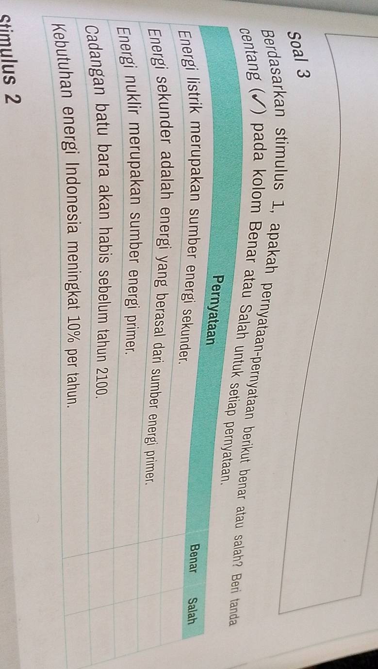 Soal 3 
Berdasarkan stimulus 1, apakah pernyataan-pernyataa 
tang (✓) pada kolom Benar 
Stimulus 2