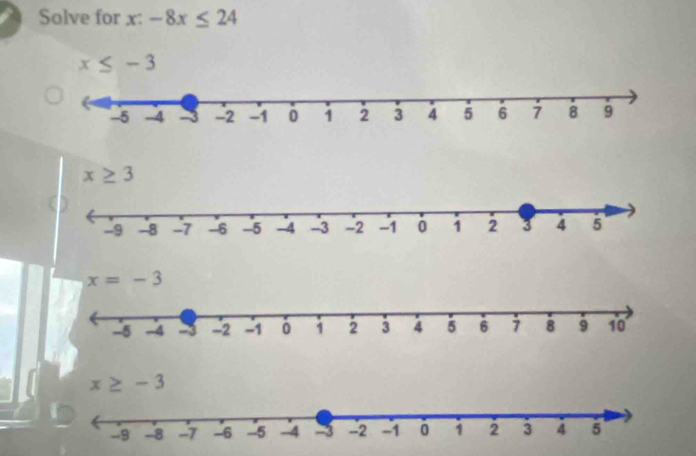 Solve for x: -8x≤ 24
x≤ -3
x≥ 3
x≥ -3