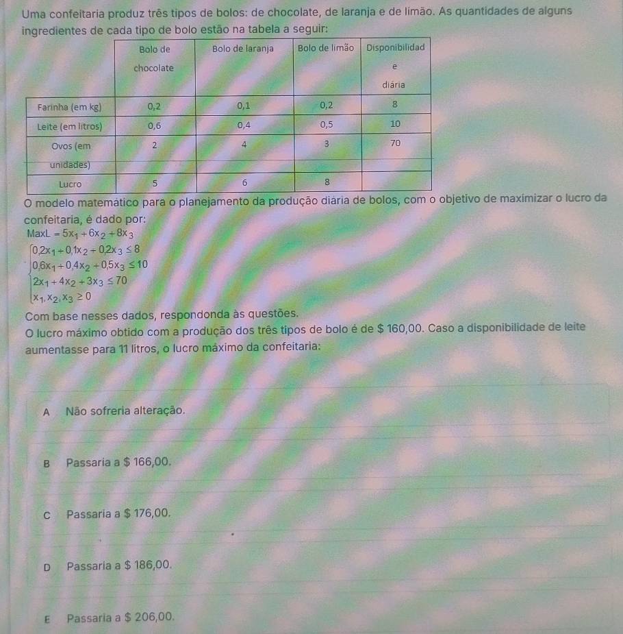 Resolvido:Uma confeitaria produz três tipos de bolos: de chocolate, de ...