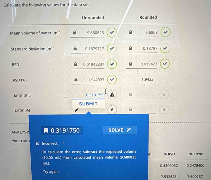 Calculate the following values for the data set.
Unrounded Rounded
Mean volume of water (mL) 9.680825 9.6808
Standard deviation (mL) 0.1879717 0.18797
RSD 0.01942337 0.019423
RSD (%) 1.942337 1.9423
Error (mL) 0.319175Q 3
SUBMIT
Error (%) 6 3
ANALYSIS 0.3191750 SOLVE
Your calcu
Incorrect.
To calculate the error, subtract the expected volume n % RSD % Error
(10.00 mL) from calculated mean volume (9.680825
mL). 0.4309032 0.2478400
Try again
7.532623 7.600137