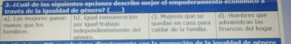 ¿Cuál de las siguientes opciones describe mejor el empoderamiento económico a 
di r o ctamente con la promoción de ad de género