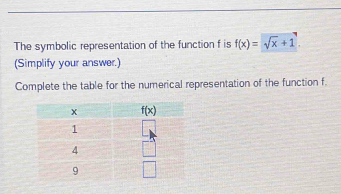 The symbolic representation of the function f is f(x)=sqrt(x)+1.
(Simplify your answer.)
Complete the table for the numerical representation of the function f.