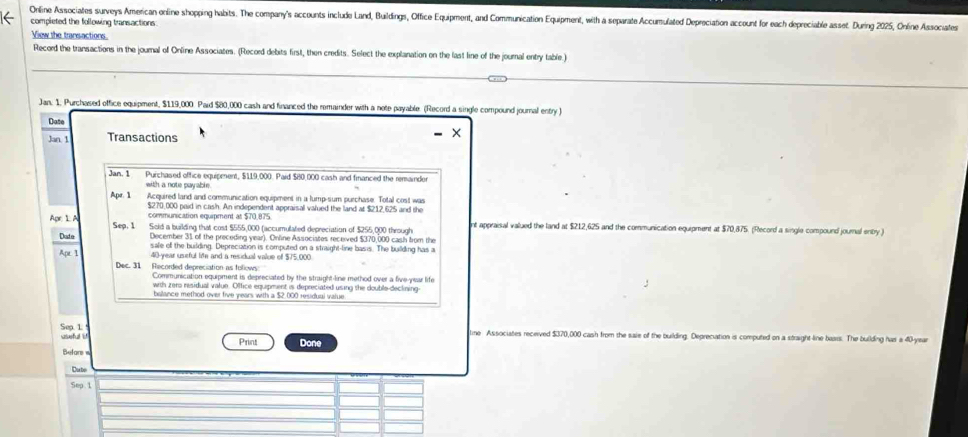 Online Associates surveys American online shopping habits. The company's accounts include Land, Buildings, Office Equipment, and Communication Equipment, with a separate Accumulated Depreciation account for each depreciable asset. During 2025, Online Associates 
completed the following transactions: 
View the transactions. 
Record the transactions in the journal of Online Associates. (Record debits first, then credits. Select the explanation on the last line of the journal entry table.) 
Jan. 1. Purchased office equipment, $119,000. Paid $80,000 cash and financed the remainder with a note payable. (Record a single compound journal entry ) 
Date 
Jan 1 Transactions 
Jan. 1 Purchased office equipment, $119,000. Paid $80,000 cash and financed the remainder 
with a note payable. 
Apr.1 Acquired land and communication equipment in a lump-sum purchase. Total cost was
$270,000 paid in cash. An independent appraisal valued the land at $212,625 and the 
communication equipment at $70.875. 
Apr 1A Sep. 1 Sold a building that cost $555,000 (accumulated depreciation of $255,000 through nt appraisal valued the land at $212,625 and the communication equipment at $70,875. (Record a single compound journal enty) 
December 31 of the preceding year). Online Associates received $370,000 cash brom the 
Date sale of the building. Depreciation is computed on a straight-line basis. The building has a 
Apr l 40-year useful lie and a residual value of $75,000
Dec. 31 Recorded depreciation as follows Communication equipment is depreciated by the straight-line method over a five-year life 
with zero residual value. Office equipment is depreciated using the double-declining 
bolance method over five years with a 2 000 residuul value 
Sep. 1 `` wahd . '' Done 
line Associates received $370,000 cash from the saie of the building. Depreciation is computed on a straight-line baars. The building has a 40-year
Print 
Befors w 
Dute 
Sep 1