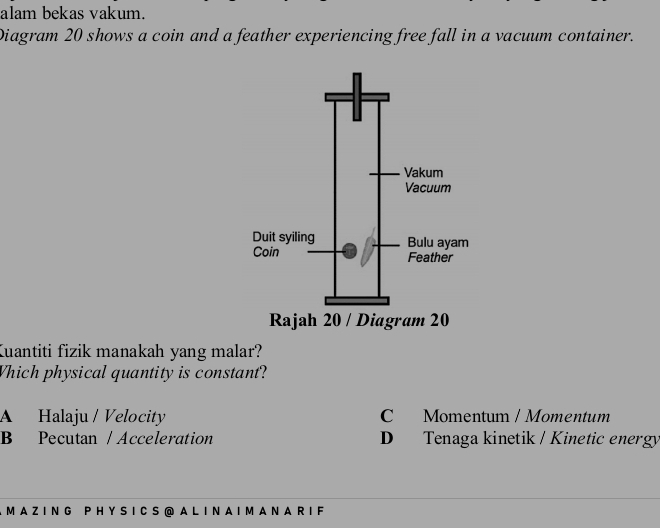 alam bekas vakum.
Diagram 20 shows a coin and a feather experiencing free fall in a vacuum container.
Kuantiti fizik manakah yang malar?
Which physical quantity is constant?
A Halaju / Velocity C Momentum / Momentum
B Pecutan / Acceleration D Tenaga kinetik / Kinetic energy
A M A Z I N G P H Y S I C S @ A L I N A I M A N A R I F