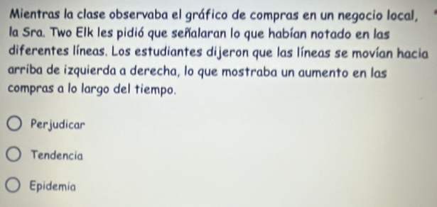 Mientras la clase observaba el gráfico de compras en un negocio local,
la Sra. Two Elk les pidió que señalaran lo que habían notado en las
diferentes líneas. Los estudiantes dijeron que las líneas se movían hacia
arriba de izquierda a derecha, lo que mostraba un aumento en las
compras a lo largo del tiempo.
Perjudicar
Tendencia
Epidemia