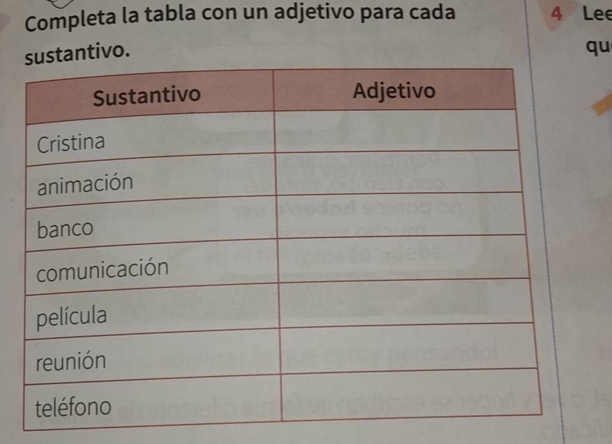 Completa la tabla con un adjetivo para cada 4 Lee 
ntivo. 
qu