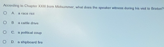 According to Chapter XXIII from Midsummer, what does the speaker witness during his visit to Brixton?
A. a race riot
B a cattle drive
C. a political coup
D. a shipboard fire