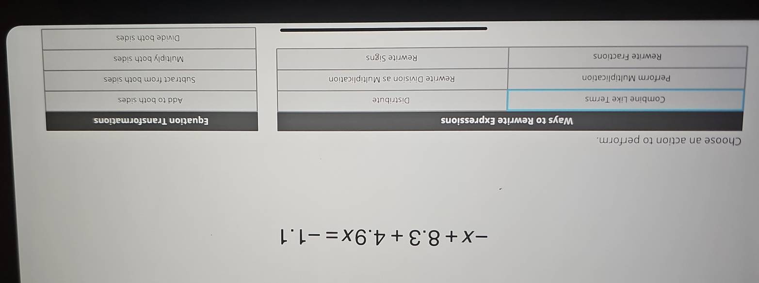 -x+8.3+4.9x=-1.1
Choose an action to perform.