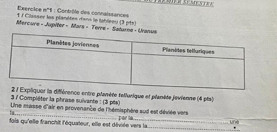 Exercice n°1 ; Contrôle des connaissances 
1 / Classer les planètes dans le tableau (3 pts) 
Mercure - Jupiter - Mars - Terre - Saturne - Uran 
entre planète tellurique et planète jovienne (4 pts) 
3 / Compléter la phrase suivante : (3 pts) 
Une masse d'air en provenance de l'hémisphère sud est déviée vers 
par la 
la ___une_ 
fois qu'elle franchit l'équateur, elle est déviée vers la_