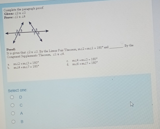 Solved: Complete the paragraph proof. Given: ∠ 2=∠ S Prove : ∠ 1≌ ∠ 4 ...