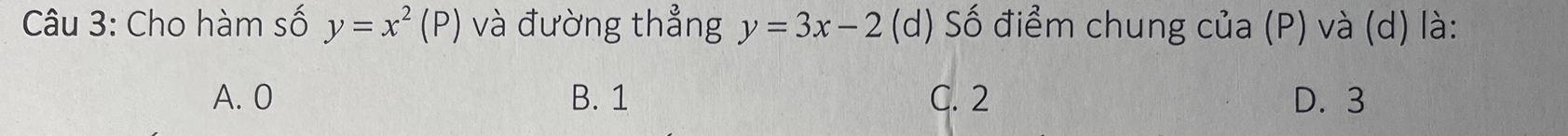 Cho hàm số y=x^2(P) và đường thẳng y=3x-2 (d) Số điểm chung của (P) và (d) là:
A. 0 B. 1 C. 2 D. 3