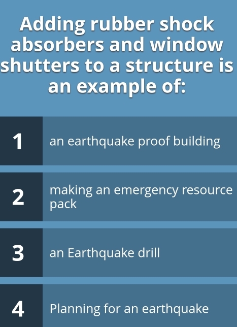 Adding rubber shock
absorbers and window
shutters to a structure is
an example of:
1 an earthquake proof building
making an emergency resource
2 pack
3 an Earthquake drill
4 Planning for an earthquake