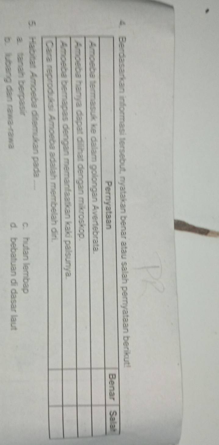 enar atau salah pernyataan berikut!
5. Habittat Amoeba ditemukan pada ___
a. tanah berpasir
c. hutan lembap
b. lubang dan rawa-rawa
d. bebatuan di dasar laut