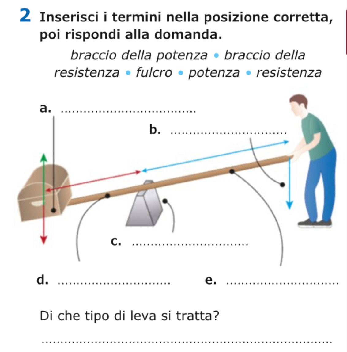 Inserisci i termini nella posizione corretta, 
poi rispondi alla domanda. 
braccio della potenza • braccio della 
resistenza • fulcro • potenza • resistenza 
d._ 
e._ 
Di che tipo di leva si tratta? 
_