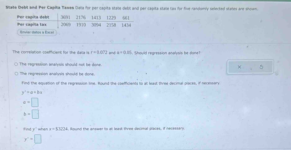 State Debt and Per Capita Taxes Data for per capita state debt and per capita state tax for five randomly selected states are shown.
The correlation coefficient for the data is r=0.072 and alpha =0.05. Should regression analysis be done?
The regression analysis should not be done.
The regression analysis should be done.
Find the equation of the regression line. Round the coefficients to at least three decimal places, if necessary.
y'=a+bx
a=□
b=□
Find y' when x=$3224. Round the answer to at least three decimal places, if necessary.
y'=□