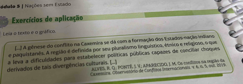 Nódulo 5 | Nações sem Estado 
Exercícios de aplicação 
Leia o texto e o gráfico. 
[...] A gênese do conflito na Caxemira se dá com a formação dos Estados-nação indiano 
e paquistanês. A região é definida por seu pluralismo linguístico, étnico e religioso, o que 
a leva a dificuldades para estabelecer políticas públicas capazes de conciliar choques 
ALVES, R. Q.; PONTÉ, J. V.; APARECIDO, J. M. Os conflitos na região da 
derivados de tais divergências culturais. [...] 
Caxemira. Observatório de Conflitos Internacionais. v. 6, n. 5, out. 2019.