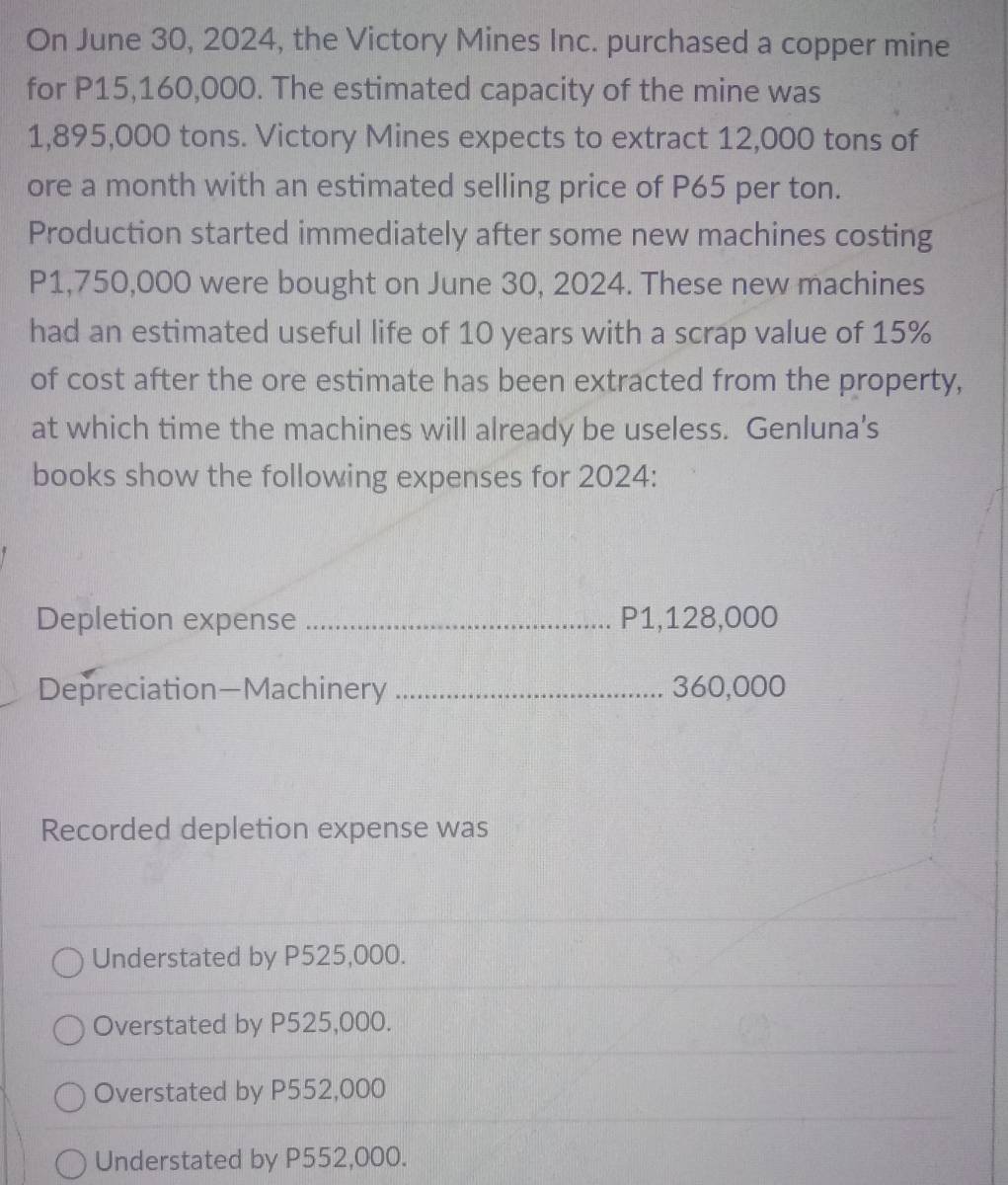 On June 30, 2024, the Victory Mines Inc. purchased a copper mine
for P15,160,000. The estimated capacity of the mine was
1,895,000 tons. Victory Mines expects to extract 12,000 tons of
ore a month with an estimated selling price of P65 per ton.
Production started immediately after some new machines costing
P1,750,000 were bought on June 30, 2024. These new machines
had an estimated useful life of 10 years with a scrap value of 15%
of cost after the ore estimate has been extracted from the property,
at which time the machines will already be useless. Genluna's
books show the following expenses for 2024:
Depletion expense _ P1,128,000
Depreciation—Machinery _ 360,000
Recorded depletion expense was
Understated by P525,000.
Overstated by P525,000.
Overstated by P552,000
Understated by P552,000.