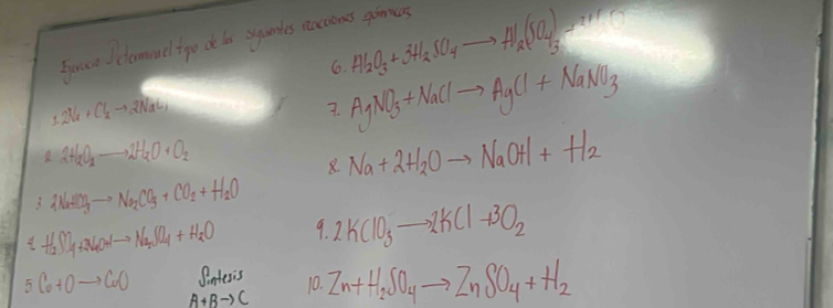 fowr domueltpo d bs sartes eecons gomes 
6. H_2O_3+3H_2SO_4to H_2(SO_4)_3to 2H^+O
1.2Na+Cl_2to 2NaCl
7. AgNO_3+NaClto AgCl+NaNO_3
2H_2O_2to 2H_2O+O_2
8. Na+2H_2Oto NaOH+H_2
2Na_2CO_3to Na_2CO_3+CO_2+H_2O
H_2SO_4+2NaOHto Na_2SO_4+H_2O 9 2KClO_3to 2KCl+3O_2
5l_0+0to  6() Sintesis 10. Zn+H_2SO_4to ZnSO_4+H_2
A+Bto C