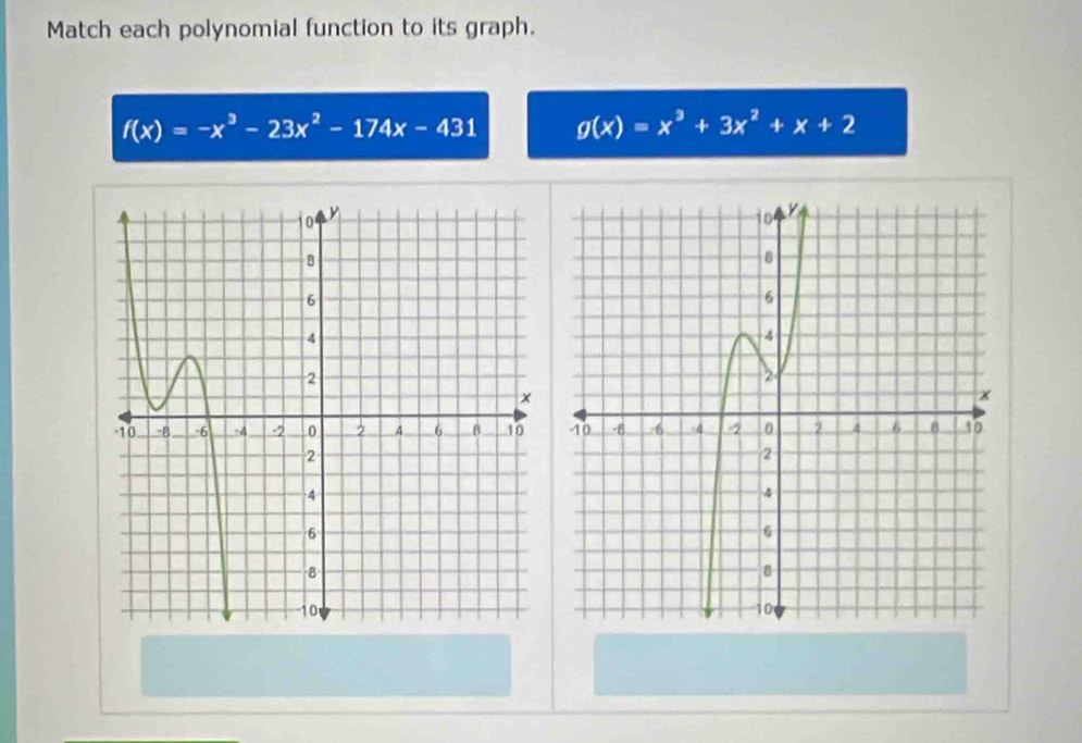 Match each polynomial function to its graph.
f(x)=-x^3-23x^2-174x-431 g(x)=x^3+3x^2+x+2