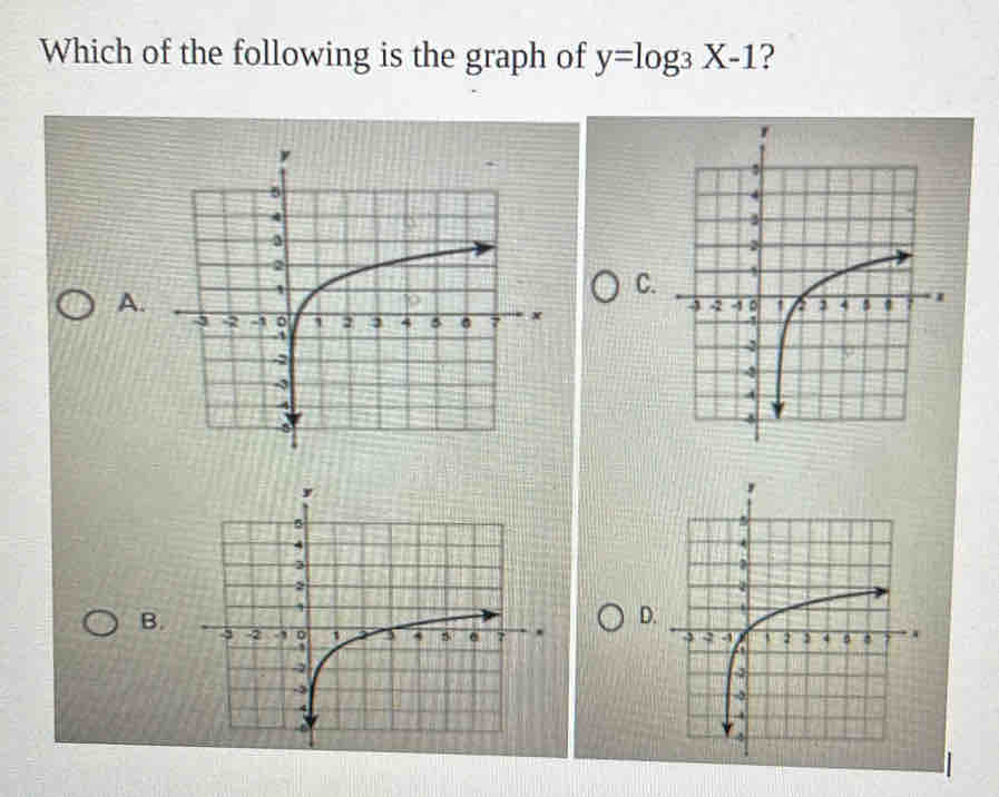 Which of the following is the graph of y=log _3X-1 ? 
C. 
A. 

D 
B.