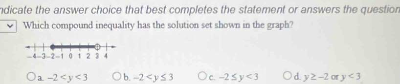 ndicate the answer choice that best completes the statement or answers the question
Which compound inequality has the solution set shown in the graph?
a. -2 b. -2 C. -2≤ y<3</tex> d. y≥ -2 of y<3</tex>