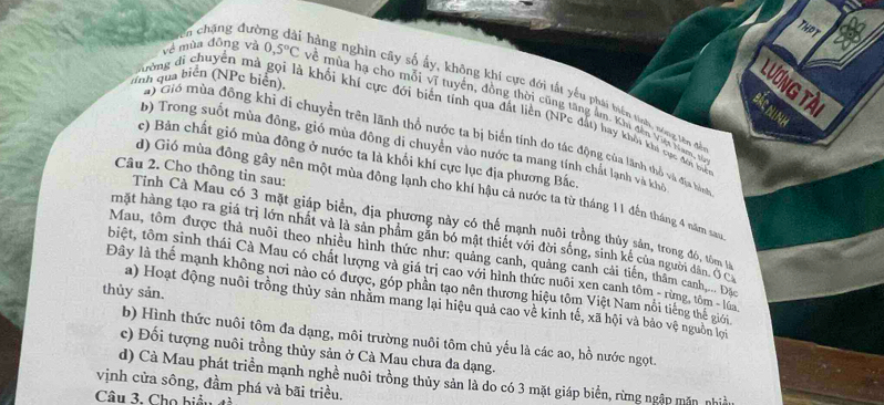 chặng đườ
THPT   
tinh qua biên (NPc biển).
Lương Tài
hàng nghìn cây số ấy, không khí cực đới tất yếu phải biển tian, nóng lên độ
về mùa đông và 0,5°C về mùa hạ cho mỗi vĩ tuyển, đồng thời cũng tăng lun. Khi đến Vưt Nam, t
Bắc Ninh
ường đi chuyên mà gọi là khối khí cực đới biển tính qua đất liên (NPe đất) hay khi kha cực đến bruc
Ch) chó mùa đông khi di chuyển trên lãnh thổ nước ta bị biến tính do tác động của lãnh thỏ và địa hành
b) Trong suốt mùa đông, gió mùa đông di chuyền vào nước ta mang tính chất lạnh và khô
c) Bản chất gió mùa đồng ở nước ta là khối khí cực lục địa phương Bắc.
Câu 2. Cho thông tin sau:
d) Gió mùa đồng gây nên một mùa đông lạnh cho khí hậu cả nước ta từ tháng 11 đến tháng 4 năm sao
Tỉnh Cà Mau có 3 mặt giáp biển, địa phương này có thể mạnh nuôi trồng thủy sản, trong đó, tôm t
mặt hàng tạo ra giá trị lớn nhất và là sản phẩm găn bó mật thiết với đời sống, sinh kẻ của người dân Ở C
Mau, tôm được thả nuôi theo nhiều hình thức như: quảng canh, quảng canh cải tiến, thâm canh,... Đặc
biệt, tôm sinh thái Cà Mau có chất lượng và giá trị cao với hình thức nuôi xen canh tôm - rừng, tôm - lửa
Đây là thể mạnh không nơi nào có được, góp phần tạo nên thương hiệu tôm Việt Nam nổi tiếng thế giới
thủy sản.
a) Hoạt động nuôi trồng thủy sản nhằm mang lại hiệu quả cao về kinh tế, xã hội và bảo vệ nguồn lợi
b) Hình thức nuôi tôm đa dạng, môi trường nuôi tôm chủ yếu là các ao, hồ nước ngọt.
c) Đối tượng nuôi trồng thủy sản ở Cà Mau chưa đa dạng.
vịnh cửa sông, đầm phá và bãi triều. d) Cà Mau phát triển mạnh nghề nuôi trồng thủy sản là do có 3 mặt giáp biển, rừng ngập mẫn nhiều
Câu 3. Cho biểu tà