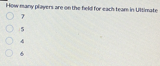 How many players are on the field for each team in Ultimate
7
5
4
6