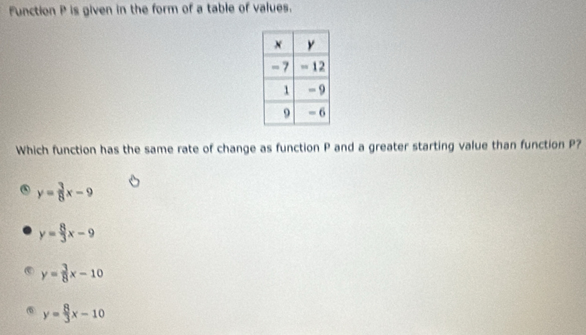 Function P is given in the form of a table of values.
Which function has the same rate of change as function P and a greater starting value than function P?
y= 3/8 x-9
y= 8/3 x-9
y= 3/8 x-10
y= 8/3 x-10