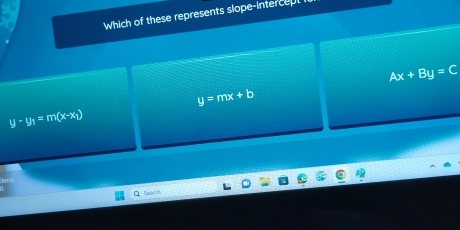 Which of these represents slope-intercepl
Ax+By=C
y=mx+b
y-y_1=m(x-x_1)
Search