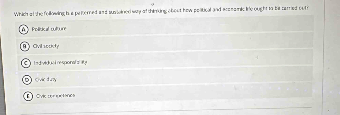 Which of the following is a patterned and sustained way of thinking about how political and economic life ought to be carried out?
A Political culture
B Civil society
C Individual responsibility
D Civic duty
E Civic competence