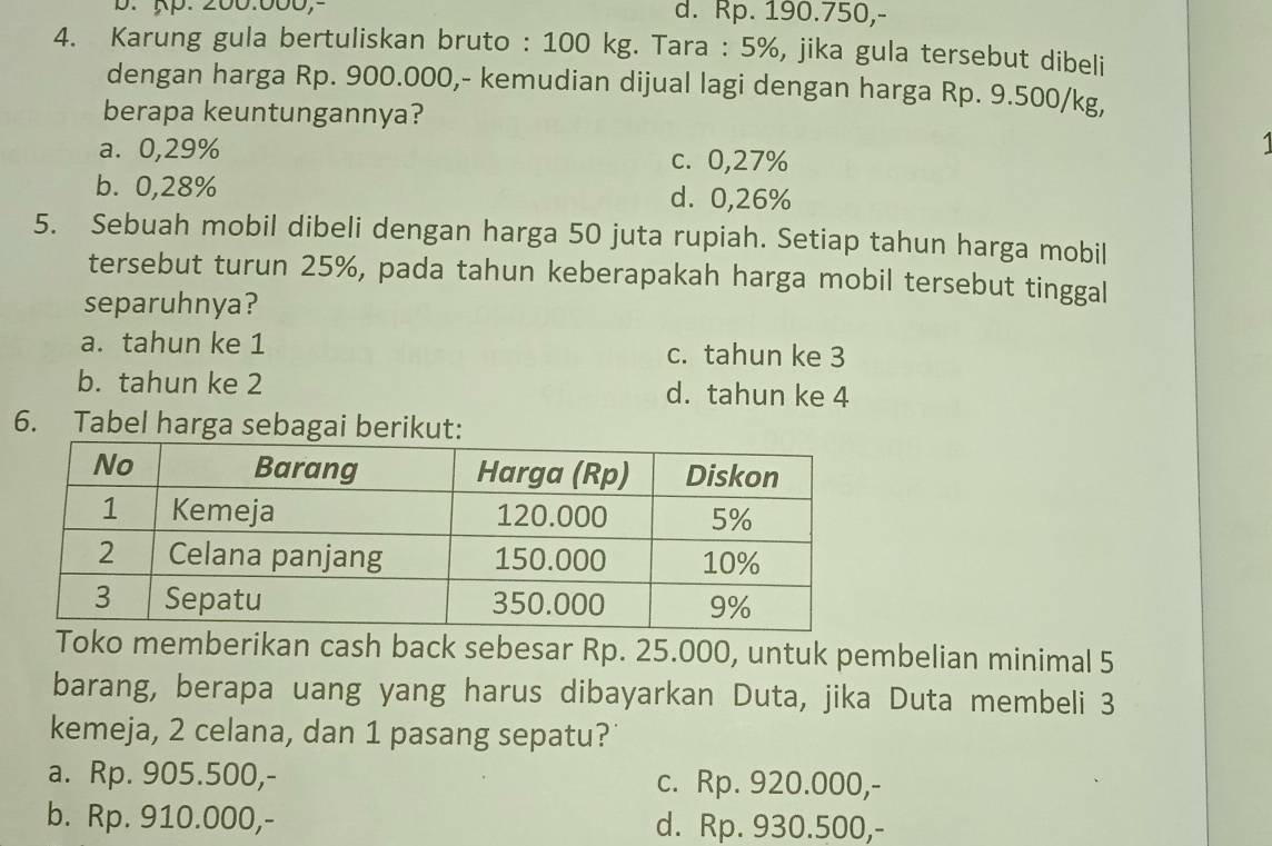 p. Ap. 200.000,- d. Rp. 190.750,-
4. Karung gula bertuliskan bruto : 100 kg. Tara : 5%, jika gula tersebut dibeli
dengan harga Rp. 900.000,- kemudian dijual lagi dengan harga Rp. 9.500/kg,
berapa keuntungannya?
a. 0,29% c. 0,27%
1
b. 0,28% d. 0,26%
5. Sebuah mobil dibeli dengan harga 50 juta rupiah. Setiap tahun harga mobil
tersebut turun 25%, pada tahun keberapakah harga mobil tersebut tinggal
separuhnya?
a. tahun ke 1 c. tahun ke 3
b. tahun ke 2 d. tahun ke 4
6. Tabel harga sebagai berikut:
Toko memberikan cash back sebesar Rp. 25.000, untuk pembelian minimal 5
barang, berapa uang yang harus dibayarkan Duta, jika Duta membeli 3
kemeja, 2 celana, dan 1 pasang sepatu?
a. Rp. 905.500,- c. Rp. 920.000,-
b. Rp. 910.000,- d. Rp. 930.500,-