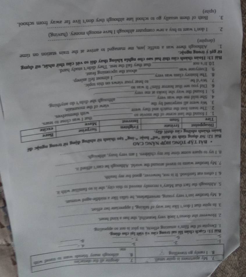 My apartment is quite small. desgine al due déomacies
8. I ranely go travelling
8 altbougs many bends want to coned with
_
_
_3
1-_
_2
_5
5_ 7 -_ B
Bài 11: Gạch chân lỗi sai trong câu và viết lại cho đúng.
_1. Despite of the film's amazing effects, its plot is not so appealing.
_2. However she doesn't look very beastiful, she has a kind heart.
3. In spite that I don't like her way of talking, I appreciate her effor.
4. My brother isn't very young, nevertheless, he talks like a middle-aged woman
5. Although the fact that Mary's recently moved to this city, she is so familliar with it
6. I often eat fastfood. It is not, however, good for my hewlth.
_7. My brother wants to travel around the world. Although he can't affined it
8. I try to spare some time for my children. I am very busy, although.
cao
tử trong ngoặc để
wi
2. The team lost the match and they were
_view of the mountain.
3. We were all surprised by the_
4. She told me she was very_
although she didn't do anything.
_
_
5. I found the way she looks at me very
6. Did you see that horrur film? It was so
7. We’d be _to hear your views on this topic.
. I almost fell asleep.
8. The history class was very_
9. Everyone was_
about the upcoming feast.
10.It's not
that they fail the test. They didn't study hard.
Bài 13: Hoàn thành câu thứ hai sao cho nghĩa không thay đổi so với câu thứ nhất, sử dụng
từ gợi ý trong ngoặc.
1. Although there was a traffic jam, me managed to arrive at the train station on time
(despite)
_
_
2. I don't want to buy a new computer although I have enough money. (having)
3. Both of them usually go to school late although they don’t live far away from school.
(spite)