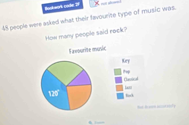 Bookwork code: 2F not allowed
48 people were asked what their favourite type of music was. 
How many people said rock? 
Favourite music 
Key 
Pop 
Classical 
Jazz
120°
Rock 
Bet dran nassor wicly