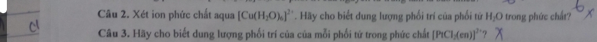 Xét ion phức chất aqua [Cu(H_2O)_6]^2+. Hãy cho biết dung lượng phối trí của phối tử H_2O trong phức chất? 
Câu 3. Hãy cho biết dung lượng phối trí của của mỗi phối tử trong phức chất [PtCl_2(en)]^2 ?