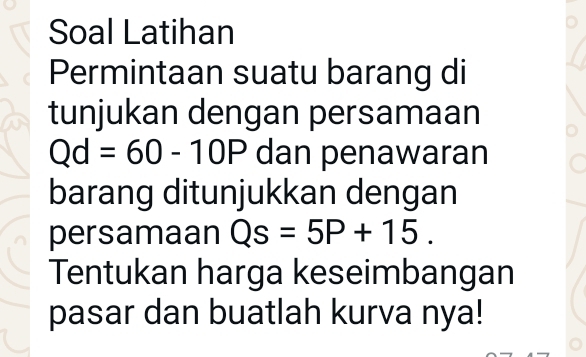 Soal Latihan 
Permintaan suatu barang di 
tunjukan dengan persamaan
Qd=60-10P dan penawaran 
barang ditunjukkan dengan 
persamaan Qs=5P+15. 
Tentukan harga keseimbangan 
pasar dan buatlah kurva nya!