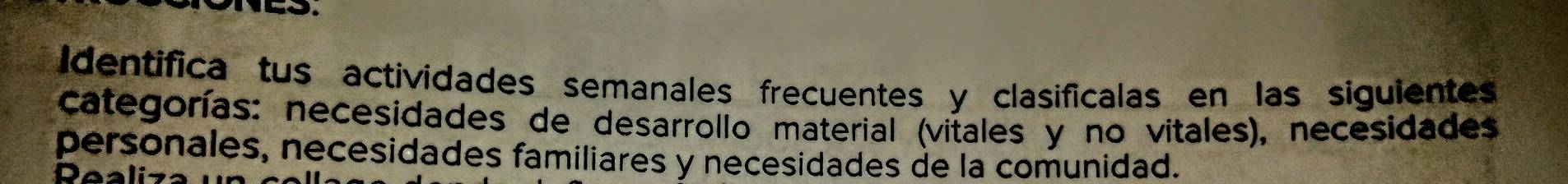 bo 
Identifica tus actividades semanales frecuentes y clasificalas en las siguientes 
categorías: necesidades de desarrollo material (vitales y no vitales), necesidades 
personales, necesidades familiares y necesidades de la comunidad. 
Deali