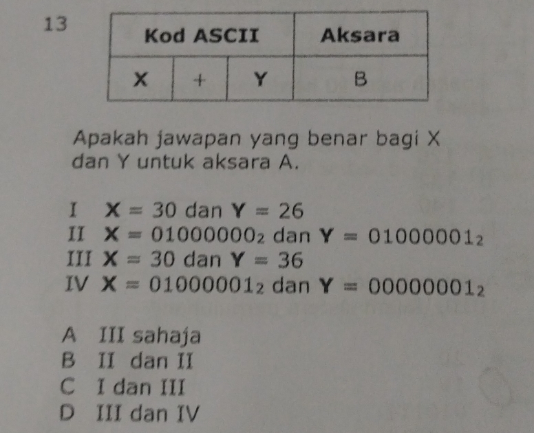 Apakah jawapan yang benar bagi X
dan Y untuk aksara A.
I X=30 dan Y=26
II X=01000000_2 dan Y=01000001_2
III X=30danY=36
IV X=01000001_2 dan Y=00000001_2
A III sahaja
B II dan II
C I dan III
D III dan IV