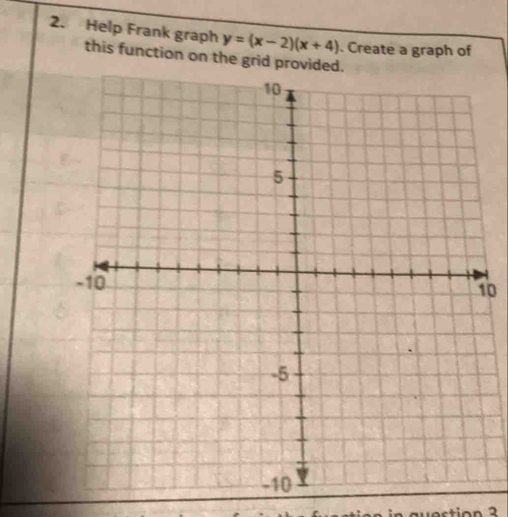 Help Frank graph y=(x-2)(x+4). Create a graph of 
this function on the grid provided. 
0