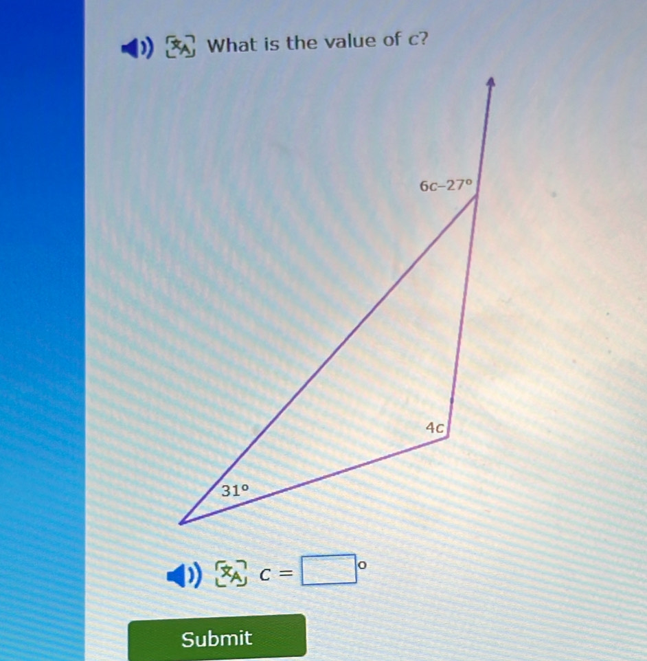 What is the value of c?
 x_A c=□°
Submit