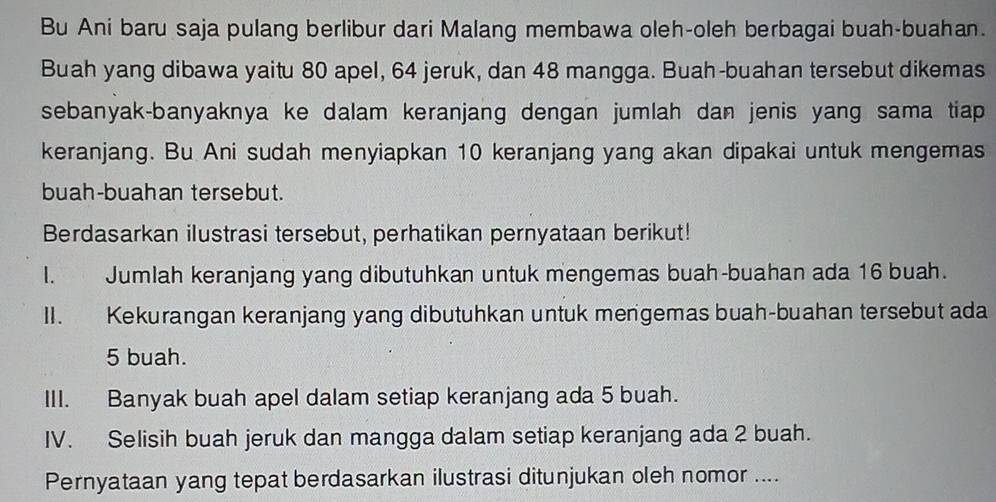 Bu Ani baru saja pulang berlibur dari Malang membawa oleh-oleh berbagai buah-buahan. 
Buah yang dibawa yaitu 80 apel, 64 jeruk, dan 48 mangga. Buah-buahan tersebut dikemas 
sebanyak-banyaknya ke dalam keranjang dengan jumlah dan jenis yang sama tiap 
keranjang. Bu Ani sudah menyiapkan 10 keranjang yang akan dipakai untuk mengemas 
buah-buahan tersebut. 
Berdasarkan ilustrasi tersebut, perhatikan pernyataan berikut! 
l. Jumlah keranjang yang dibutuhkan untuk mengemas buah-buahan ada 16 buah. 
II. Kekurangan keranjang yang dibutuhkan untuk mengemas buah-buahan tersebut ada
5 buah. 
III. Banyak buah apel dalam setiap keranjang ada 5 buah. 
IV. Selisih buah jeruk dan mangga dalam setiap keranjang ada 2 buah. 
Pernyataan yang tepat berdasarkan ilustrasi ditunjukan oleh nomor ....