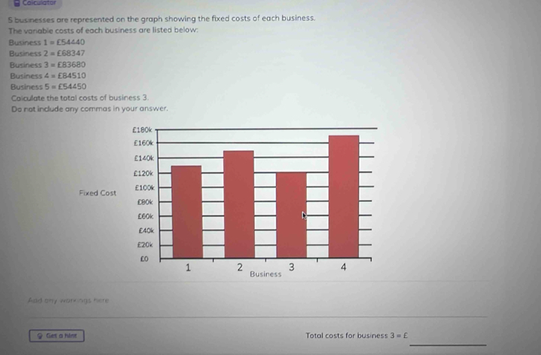 Colculator 
S bus nesses are represented on the graph showing the fixed costs of each business. 
The vanable costs of each business are listed below: 
Business 1=£54440
Business 2=£68347
Business 3=£83680
Business 4=£84510
Business 5=£54450
Colculate the total costs of business 3. 
Do not include any commas in your answer. 
Add ony workings here 
_ 
9 Ges a hins Total costs for business 3=£