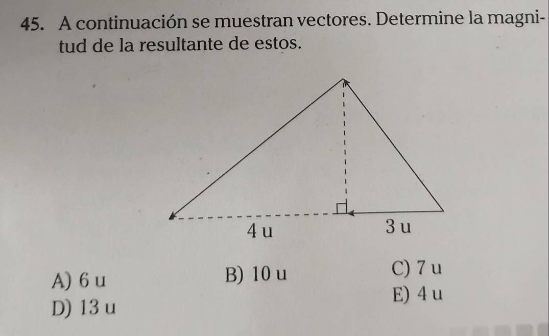 A continuación se muestran vectores. Determine la magni-
tud de la resultante de estos.
C) 7 u
A) 6u
B) 10 u
E) 4u
D) 13 u