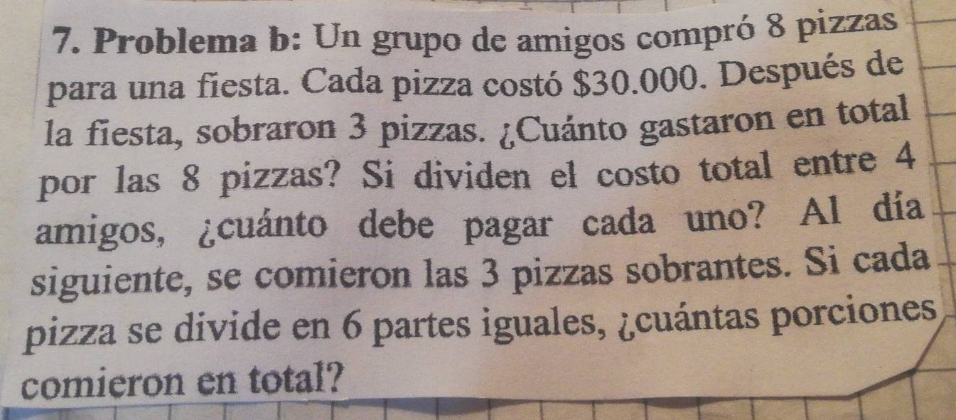 Problema b: Un grupo de amigos compró 8 pizzas 
para una fiesta. Cada pizza costó $30.000. Después de 
la fiesta, sobraron 3 pizzas. ¿Cuánto gastaron en total 
por las 8 pizzas? Si dividen el costo total entre 4
amigos, ¿cuánto debe pagar cada uno? Al día 
siguiente, se comieron las 3 pizzas sobrantes. Si cada 
pizza se divide en 6 partes iguales, ¿cuántas porciones 
comieron en total?